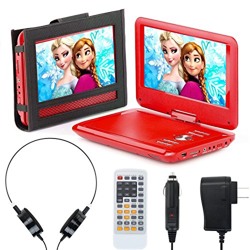 eXuby Portable DVD Player for Car, Plane & More - 7 Car & Travel Accessories Included - 9 Inch Swivel Screen - Whopping 6 Hour Battery Life - Perfect Portable DVD Player for Kids - Red