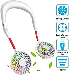 Hand Free Mini USB Personal Fan - Rechargeable Portable Headphone Design Wearable Neckband Fan3 Level Air Flow7 LED Lights360 Degree Free Rotation Perfect for Sports, Office and Outdoor (white)