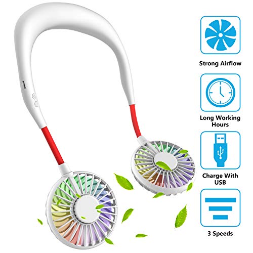 Hand Free Mini USB Personal Fan - Rechargeable Portable Headphone Design Wearable Neckband Fan3 Level Air Flow7 LED Lights360 Degree Free Rotation Perfect for Sports, Office and Outdoor (white)