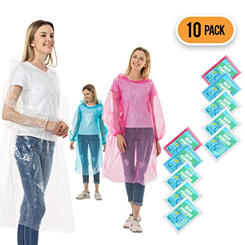 Rain Ponchos for Adults Disposable - 10 Pack Bulk Extra Thick Emergency Waterproof Rain Poncho with Drawstring Hood Raincoat for Men Women Plastic Clear Rain Gear for Disney Hiking Travel (10Pack)