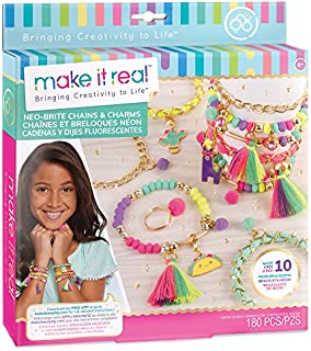 Make It Real - Neo-Brite Chains and Charms. DIY Gold Chain Charm Bracelet Making Kit for Girls. Arts and Crafts Kit to Create Unique Tween Bracelets with Neon Beads, Unique Pom Charms, and Gold Chains