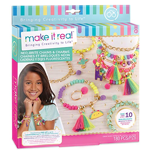 Make It Real - Neo-Brite Chains and Charms. DIY Gold Chain Charm Bracelet Making Kit for Girls. Arts and Crafts Kit to Create Unique Tween Bracelets with Neon Beads, Unique Pom Charms, and Gold Chains