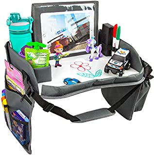 Kids Travel Tray with Dry Erase Board, Car Seat Lap for Food & Play Activity, Carseat Table Trays for Toddler, Kid Activity Desk for Air Travel, No-Drop Tablet Holder & Borders (All Grey)