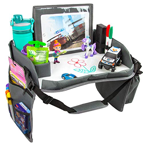 Kids Travel Tray with Dry Erase Board, Car Seat Lap for Food & Play Activity, Carseat Table Trays for Toddler, Kid Activity Desk for Air Travel, No-Drop Tablet Holder & Borders (All Grey)