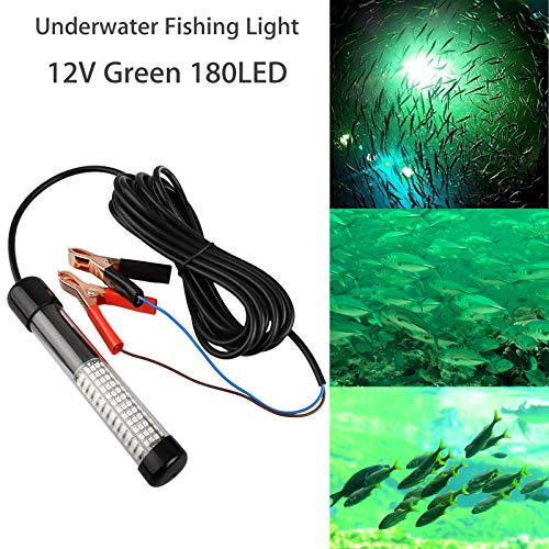 12V 14W 180LED 1300 LumensLED Lure Bait Finder Night Fishing Finder Crappie Shad Boat LED Submersible Underwater Light with Battery Clip and Power Plug 6m Power Cord