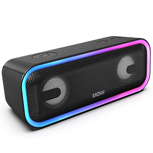 Bluetooth Speakers, DOSS SoundBox Pro+ Wireless Bluetooth Speaker with 24W Impressive Sound, Booming Bass, Wireless Stereo Pairing, Mixed Colors Lights, IPX5, 66FT Wireless Range,15 Hrs Playtime-Black