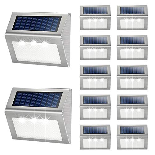 Solar Deck Lights, KASUN Super Bright LED Walkway Light Stainless Steel Waterproof Outdoor Security Lamps for Patio Stairs Garden Pathway - White Light, Pack of 12