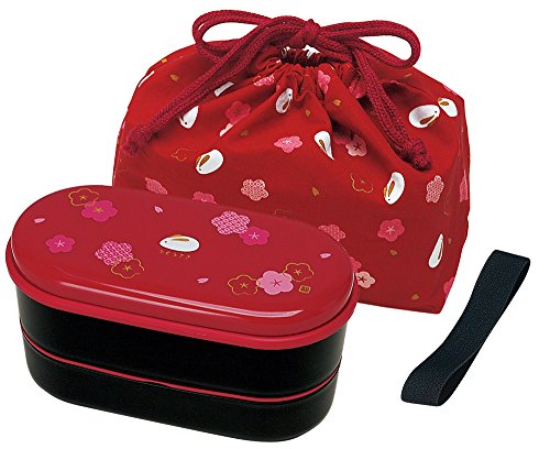 Japanese 2 Tiers Bento Lunch Box with Belt , Bag Chopsticks, Red Blossom and Bunny