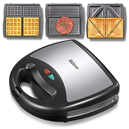 Yabano Sandwich Maker, Waffle Maker, Sandwich Grill, 3-in-1 Detachable Non-stick Coating, LED Indicator Lights, Cool Touch Handle, Anti-Skid Feet, Black