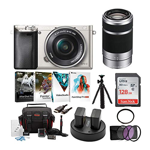 Sony Alpha a6000 Mirrorless Camera w/ 16-50mm & 55-210mm Lenses & 128GB Bundle - Silver