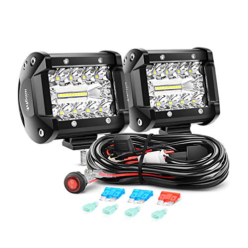 Nilight LED Light Bar 2PCS 60W 4 Inch Flood Spot Combo LED Work Light Pods Triple Row Work Driving Lamp with 12 ft Wiring Harness kit - 2 Leads,2 Year Warranty