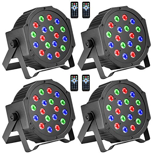 DJ Lights, BSYUN RGB 18 LEDs Professional Sound Activated Stage Lights DMX-512 Controllable Uplighting for Wedding Party with Remote (4P)