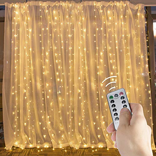 Brightown Hanging Window Curtain Lights 9.8 Ft Dimmable & Connectable with 300 LED, Remote, 8 Lighting Modes, Timer for Bedroom Wall Party Indoor Outdoor Decor, Warm White(Curtain Is Not Included)