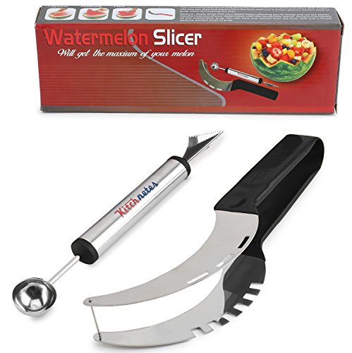 Premium Watermelon Slicer Set Stainless Fruit Carving Kitchen Utensil Kit - Includes Watermelon Slicing Tool & Fruit Carving Knife/Spoon - Great For Salads, Desserts - With Unique Box Packaging