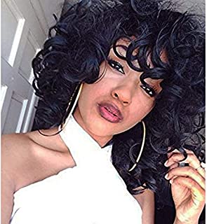 EXVOGUE Kinky Short Curly Wigs Synthetic Fiber Fluffy Hair Black Spiral Curl Wig with Bangs Capless African American Wigs for Women (Black #1B)