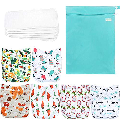 Wegreeco Washable Reusable Baby Cloth Pocket Diapers 6 Pack + 6 Bamboo Inserts (with 1 Wet Bag, Fruits, Animals)