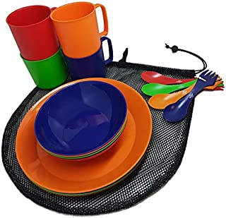 Camping Mess Kit 4 Person Dinnerware Set with Mesh Bag - Complete Dish Set Includes Plates, Bowls, Cups and Sporks - Perfect for Backpacking, Hiking, Picnic and Much More