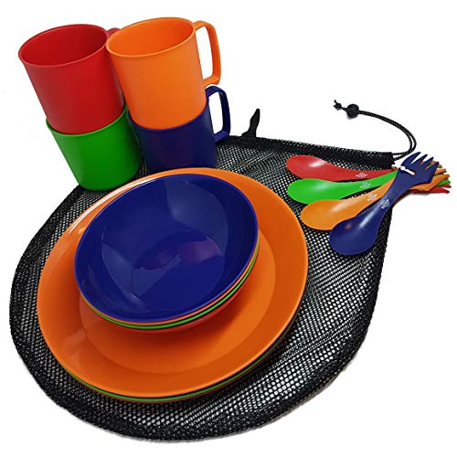 Camping Mess Kit 4 Person Dinnerware Set with Mesh Bag - Complete Dish Set Includes Plates, Bowls, Cups and Sporks - Perfect for Backpacking, Hiking, Picnic and Much More