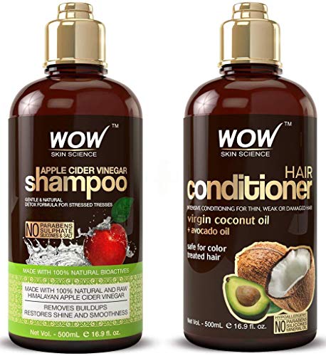 WOW Apple Cider Vinegar Shampoo and Hair Conditioner Set Increase Gloss, Hydration, Shine, Reduce Itchy Scalp, Dandruff & Frizz, No Parabens or Sulfates, All Hair Types, 2 x 16.9 Fl Oz 500mL