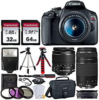 Canon EOS Rebel T7 DSLR Camera + EF-S 18-55mm f/3.5-5.6 is II + EF 75-300mm f/4-5.6 III Lens + Canon EOS Shoulder Bag + 32GB Memory Card + 64GB Memory Card + 2x Tripod + Slave Flash  Top Value Bundle