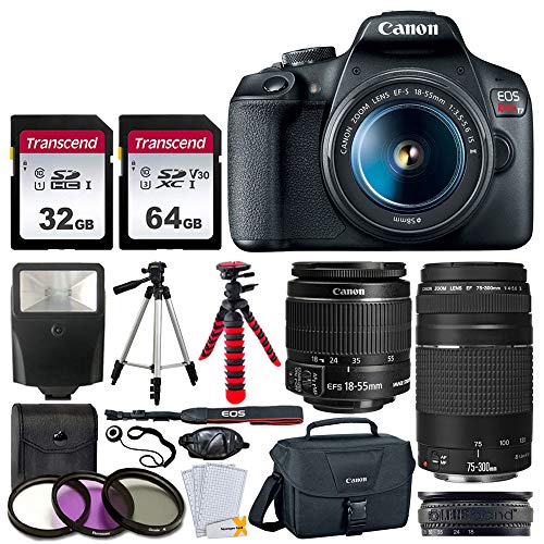 Canon EOS Rebel T7 DSLR Camera + EF-S 18-55mm f/3.5-5.6 is II + EF 75-300mm f/4-5.6 III Lens + Canon EOS Shoulder Bag + 32GB Memory Card + 64GB Memory Card + 2x Tripod + Slave Flash  Top Value Bundle