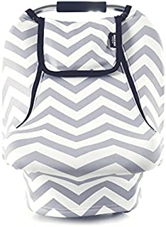 Stretchy Baby Car Seat Covers for Boys Girls, Infant Car Canopy for Spring Autumn Winter,Snug Warm Breathable Windproof, Zipped Peep Window,Universal Fit, Grey White Chevron -Patented Design