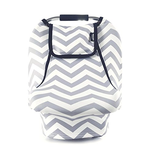 Stretchy Baby Car Seat Covers for Boys Girls, Infant Car Canopy for Spring Autumn Winter,Snug Warm Breathable Windproof, Zipped Peep Window,Universal Fit, Grey White Chevron -Patented Design