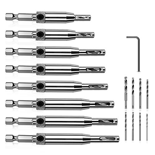 Werkzeug Self Centering Hinge Tapper Core Drill Bit Set for Woodworking, Adjustable Door Window Drill Bits with 1 Hex Key & 8 Replacement Drill Bits (5/64 - 1/4 Inches), 16 Pieces