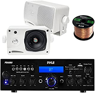 Pyle PDA6BU USB/SD-Card 200-Watt Bluetooth Stereo Amplifier Receiver, 2x Pair PLMR24 Pyle 3.5'' 200 Watt 3-Way Weather Proof Mini Box Speaker System (White), Enrock Audio 16-Gauge 50 Foot Speaker Wire