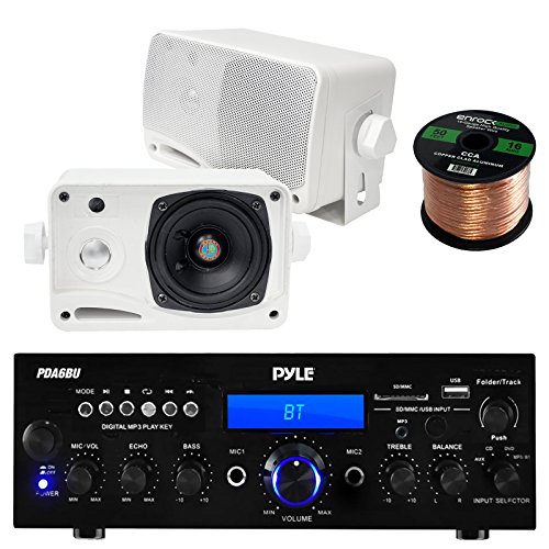 Pyle PDA6BU USB/SD-Card 200-Watt Bluetooth Stereo Amplifier Receiver, 2x Pair PLMR24 Pyle 3.5'' 200 Watt 3-Way Weather Proof Mini Box Speaker System (White), Enrock Audio 16-Gauge 50 Foot Speaker Wire