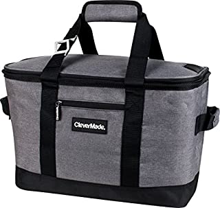 CleverMade Collapsible Cooler Bag: Insulated Leakproof 50 Can Soft Sided Portable Cooler Bag for Lunch, Grocery Shopping, Camping and Road Trips, Heather Grey/Black, 8 gallon/30 Large (7060-H011-00061PK)