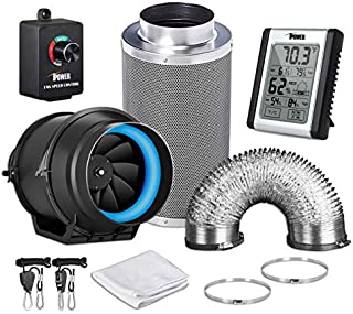 iPower GLFANXEXPSET6D16CHUMD 6 Inch 350 CFM Inline Carbon Filter 16 Feet Ducting with Fan Speed Controller and Temperature Humidity Monitor and Grow Tent Ventilation, Kits, Black