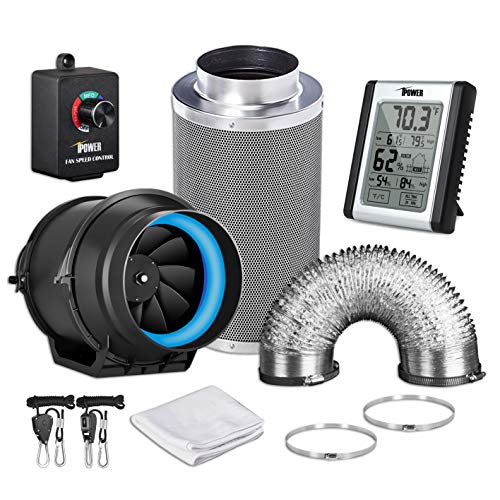 iPower GLFANXEXPSET6D16CHUMD 6 Inch 350 CFM Inline Carbon Filter 16 Feet Ducting with Fan Speed Controller and Temperature Humidity Monitor and Grow Tent Ventilation, Kits, Black