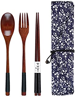 Wooden Cutlery Set of 3 Chopsticks Fork Spoon Flatware Set for Home Use & Travel & Outdoor Camping (Black+flower)