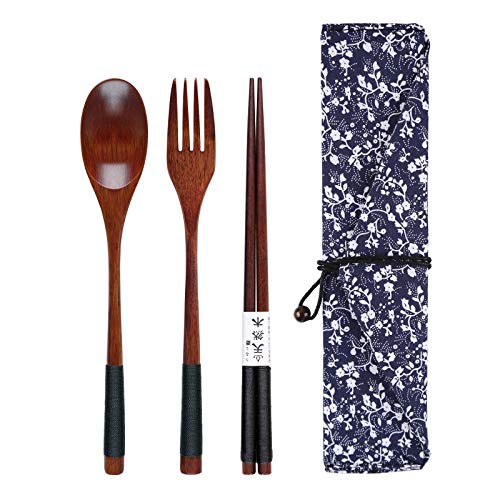 Wooden Cutlery Set of 3 Chopsticks Fork Spoon Flatware Set for Home Use & Travel & Outdoor Camping (Black+flower)