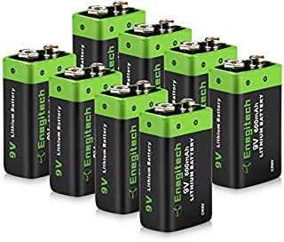 Enegitech 9V Lithium Battery 600mAh Non-Rechargeable Li-ion Battery for Smoke Detector Fire Alarm Multimeter, 8-Pack