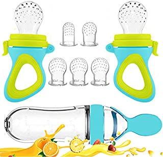 Baby Food Feeder, Fresh Food - 2 Pack Fruit Feeder Pacifier, 5 Different Sized Silicone Teething Pacifiers | 1 Pack Baby Food Dispensing Spoon | Baby Fruit Teether | Baby Feeding Set (Blue)