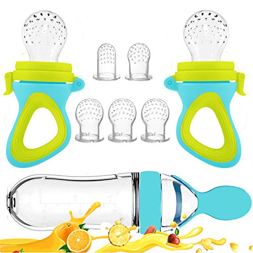 Baby Food Feeder, Fresh Food - 2 Pack Fruit Feeder Pacifier, 5 Different Sized Silicone Teething Pacifiers | 1 Pack Baby Food Dispensing Spoon | Baby Fruit Teether | Baby Feeding Set (Blue)