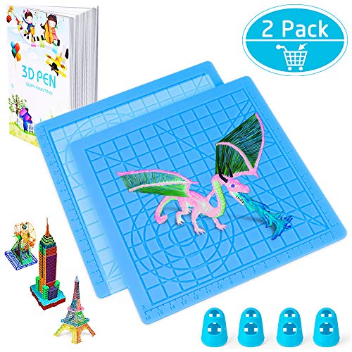 3D Printing Pen Mat, Splaks 2 Pack Silicone Design Mat Basic Template, Larger Heat Resistant 3D Pen Mat Drawing Tools with 3D Pen Book, 4 Silicone Finger Caps