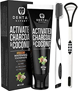 Dental Expert Activated Charcoal Teeth Whitening Toothpaste - Destroys Bad Breath with Tongue Scraper Cleaner Best Natural Black Tooth Paste Kit - Mint Flavor - Removes Coffee Stains