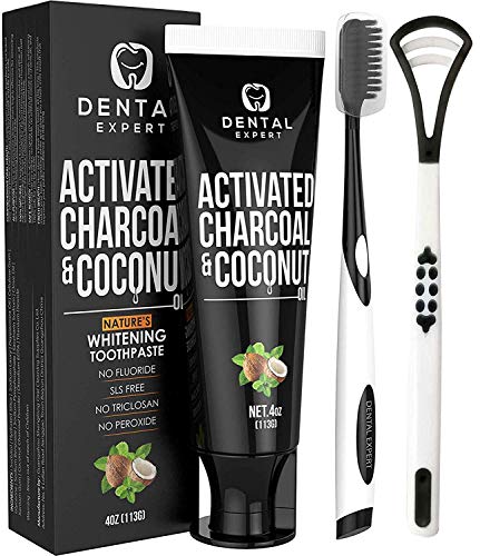 Dental Expert Activated Charcoal Teeth Whitening Toothpaste - Destroys Bad Breath with Tongue Scraper Cleaner Best Natural Black Tooth Paste Kit - Mint Flavor - Removes Coffee Stains