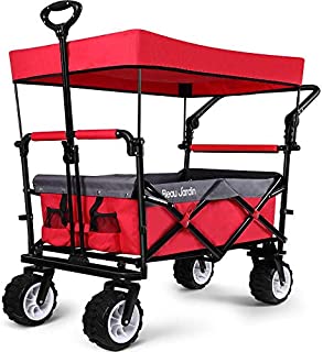 BEAU JARDIN Folding Push Wagon Cart with Canopy Collapsible Utility Camping Grocery Canvas Fabric Sturdy Portable Rolling Lightweight Buggies Outdoor Garden Sport Heavy Duty Shopping Wide Wheel Red