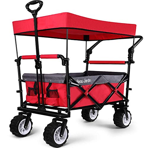 BEAU JARDIN Folding Push Wagon Cart with Canopy Collapsible Utility Camping Grocery Canvas Fabric Sturdy Portable Rolling Lightweight Buggies Outdoor Garden Sport Heavy Duty Shopping Wide Wheel Red