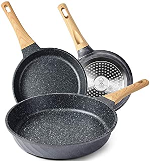 YIIFEEO Nonstick Frying Pan Set, Granite Skillet Set with 100% PFOA Free, Omelette Pan Cookware Set with Heat-Resistant Ergonomic Handle, Induction Compatible(8inch&9.5inch&11inch)