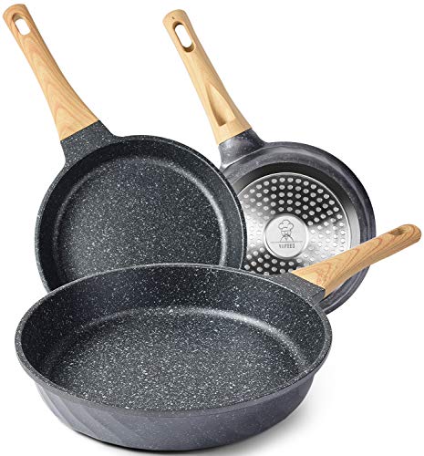 YIIFEEO Nonstick Frying Pan Set, Granite Skillet Set with 100% PFOA Free, Omelette Pan Cookware Set with Heat-Resistant Ergonomic Handle, Induction Compatible(8inch&9.5inch&11inch)