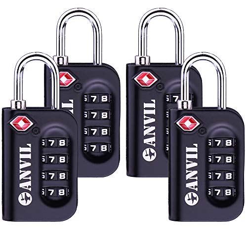 TSA Luggage Locks - 4 Digit Combination Steel Padlocks - Approved Travel Lock For Suitcases & Baggage (BLACK 4 PACK)