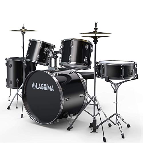 LAGRIMA 5 Piece Full Size Drum Set with Stand, Cymbals, Hi-Hat, Pedal, Adjustable Drum Stool and 2 Drum Sticks for Adult/Kids(Black, 22 Inches)