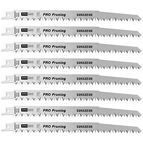 Reciprocating Saw Blades for Pruning, SUNGATOR 9-Inch Super Hard High Carbon Steel Blades with 5TPI Designed for Fast, Straight, Clean Pruning and Cutting Wood (8-Pack)