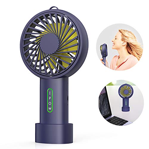 IPOW Mini Handheld Fan Personal Portable Fan 3 Speed Adjustable Angle Removable Base Lanyard USB Recharging Battery Operated Small Desk Cooling Face Fan for Home Camping Disney Travel Navy Blue