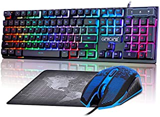 Gaming LED Wired Keyboard and Mouse Combo with Emitting Character 4800DPI 2 Side Button USB Mouse Rainbow Backlit Mechanical Feeling Compatible with PC Raspberry Pi Mac Xbox one ps4 with Mousepad